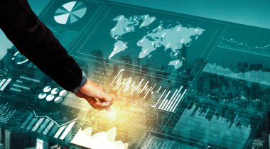 İş Mali Analitik Konsepti için Büyük Veri Teknolojisi. Modern arayüz ekranda iş satış raporları, kâr tablosu ve borsa eğilimleri analizleri hakkında muazzam bilgiler gösteriyor. uds