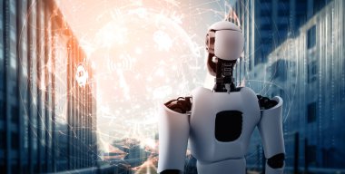 MLB 3d illüstrasyon İnsansı Yapay Yapay Zeka robot hologram ekranına bakıyor ve makine öğrenme süreci ile yapay zeka kullanarak iletişim 5G ağ analitiği kavramını gösteriyor. 3B illüstrasyon.