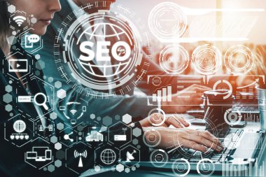 SEO - Çevrimiçi Pazarlama Konsepti için Arama Motoru Optimizasyonu. Müşteri arama ve pazar stratejisini optimize ederek anahtar kelime araştırma web sitesinin tanıtımını gösteren modern arayüz. uds