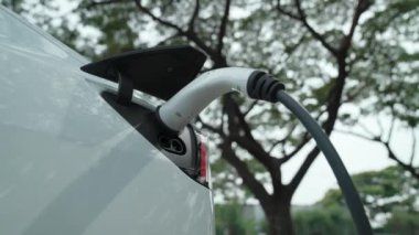 EV elektrikli araç EV şarj istasyonu ulusal park veya açık hava orman manzaralı. Çevre dostu EV arabalarla yaz ormanlarında doğal koruma. Yükselt