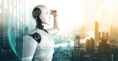 MLP 3D illüstrasyon 3D illüstrasyon robotu insansı şehir manzarası siluetine bakıyor. Yapay zekanın gelecekteki gelişimi için liderlik, fikir ve vizyon kavramı.