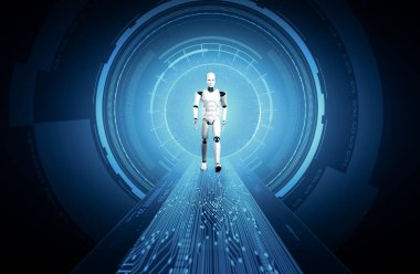 Bilim kurgu fantezi dünyasında MLP 3D robot çizimi. Dördüncü endüstriyel devrim için beyin ve makine öğrenme süreci kavramı.