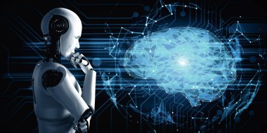 Yapay zeka ve yapay zeka kavramını makine öğrenme süreciyle gösteren sanal ekran analizi yapan Yapay Zeka Robotu Düşünme 3D çizimi. 3B illüstrasyon.