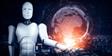 MLB 3d illüstrasyon AI insansı robot hologram ekranı makine öğrenme süreciyle yapay zeka kullanarak küresel iletişim ağı kavramını gösteriyor. 3B resimleme bilgisayarı