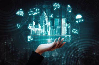 Arkaplanda modern şehir binalarına karşı IOT ve bilgi iletişim teknolojisi kavramlarını gösteren grafikli akıllı şehir kablosuz iletişim ağı. uds