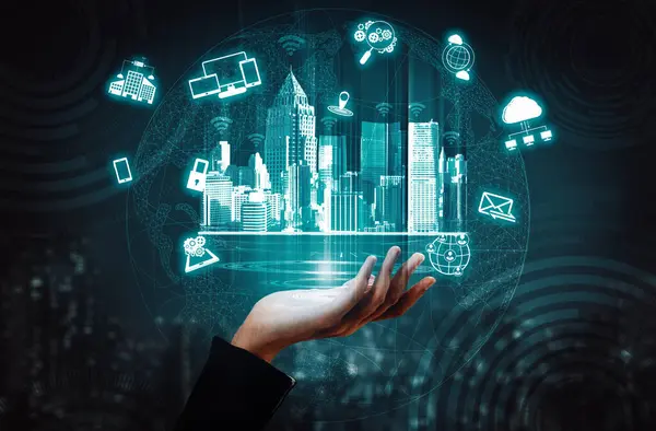 stock image Smart city wireless communication network with graphic showing concept of internet of things IOT and information communication technology ICT against modern city buildings in the background. uds