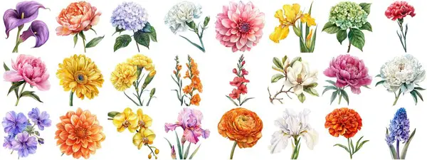 Akwarela Kwiat Zestaw Pojedyncze Tło Różne Kwiaty Kolekcja Przyrody Kwitnący — Zdjęcie stockowe