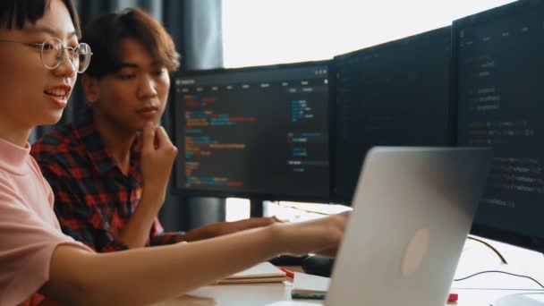 Slow Motion Back End Software Developer Engineer Computer Programming Working — Stockvideo