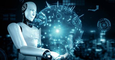 MLP 3d illüstrasyon Futuristik robot yapay zeka Huminoid yapay zeka endüstriyel fabrika teknolojisi geliştirme ve makine öğrenme konsepti için. İnsanoğlunun geleceği için robotik biyonik bilim araştırması