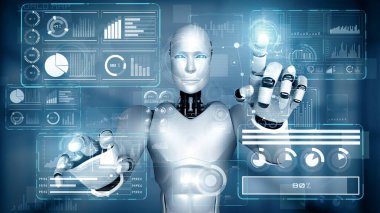 MLP 3d illüstrasyon yapay zeka kullanarak makine öğrenme sürecini kullanarak büyük veri analitiği kavramını gösteren sanal sanal ekrana dokunan yapay robot yapay zeka. 3B görüntüleme.