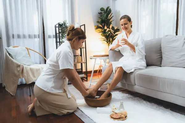 Woman Indulges Blissful Foot Massage Luxurious Spa Salon While Masseur — Stock Photo, Image