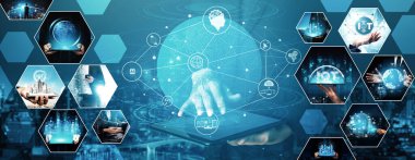 İletişim teknolojisi, akıllı bağlantı IOT ve insan ağ teknolojisi kavramı. Güvenli internet ağına ve bulut hesaplama sunucusuna bağlanmak için bağlantı aygıtı kullanan insanlar vexel