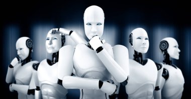 MLP 3D illüstrasyon. Robot insansı grubun gelecekteki yapay zeka kavramı ve 4. sanayi devrimi..