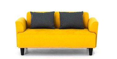 Beyaz arka planda sarı İskandinav tarzı çağdaş kanepe modern ve şık oturma odası için minimal mobilya tasarımı. uds