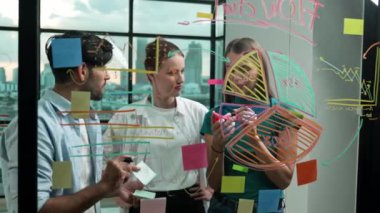 Bir grup profesyonel iş adamı birlikte çalışarak pazarlama fikri, planı, stratejisi ve renkli yapışkan notlarla cam duvarda çalışma ve yazma konularını tartışıyor. İzleme