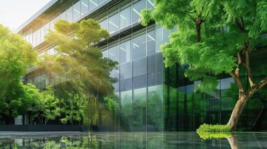 Cam ya da ayna yapısı, ağaç gibi zıt yöndeki her şeyi yansıtıyor. Bina bir sürü yeşil ağaçla çevrili. Ayna, güneşten gelen ışığı yansıtıyor. AIG43.