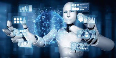 MLP 3d illüstrasyon yapay zeka kullanarak makine öğrenme sürecinde büyük veri analizi kavramını gösteren sanal hologram ekranı tutan yapay insansı robot yapay zekası. 3B illüstrasyon.