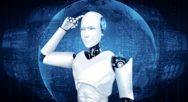 MLP 3D illüstrasyon. Yapay zeka ve makine öğrenme sürecini kullanarak matematik formülü ve bilim denkleminin ekranını analiz eden yapay yapay zeka ve insansı robot düşünüyorum.