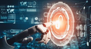 MLP 3D yorumlama fütüristik robot teknolojisi geliştirme, yapay zeka yapay zeka ve makine öğrenme kavramı. İnsan hayatının geleceği için küresel robot biyonik bilim araştırması.