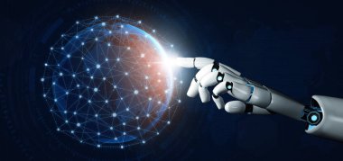 MLP 3D Rending futuristik robot teknolojisi geliştirme, yapay zeka yapay zeka ve makine öğrenme konsepti. İnsan hayatının geleceği için küresel robot biyonik bilim araştırması.