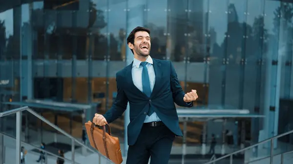 Successful Business Man Celebrate Getting Promotion While Walking Office Caucasian — Stock Photo, Image