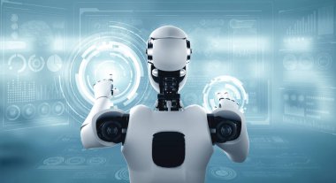 MLP 3d illüstrasyon yapay zeka kullanarak makine öğrenme sürecinde büyük veri analitiği kavramını gösteren sanal sanal sanal ekrana dokunan yapay yapay insansı robot yapay zekası. 3B illüstrasyon.