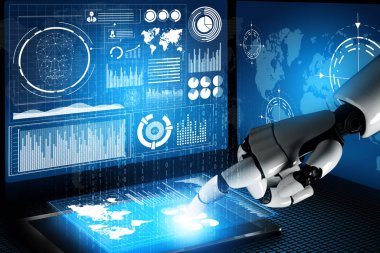 MLP 3D Rending futuristik robot teknolojisi geliştirme, yapay zeka yapay zeka ve makine öğrenme konsepti. İnsan hayatının geleceği için küresel robot biyonik bilim araştırması.