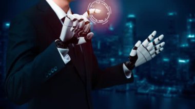 MLP Fütürist robot yapay zeka devrimci yapay zeka teknoloji geliştirme ve makine öğrenme kavramı. Gelecekteki insan hayatı için küresel robot engelleme zinciri araştırması. 3B görüntüleme