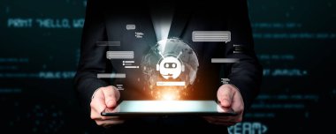 Yapay zeka sanal asistanı Chatbot ile yapay zeka konsepti ile insan etkileşimi, yapay zeka mühendisliği, LLM yapay zeka derin öğrenimi iş desteği için üretken yapay zeka kullanımı. FaaS