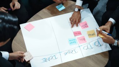 İş adamlarının işyerinde iş akışını yönetmek için sıkı yönetim kurulu kurması. Çeşitli pazarlama ekibi bir sınır çiziyor ve Kanban üzerinde çalışmak için renkli notlar kullanıyor. Kapatın. Müdürlük.