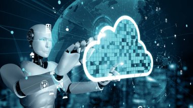 MLP 3d illüstrasyon yapay zeka robot robotu çevrimiçi sunucuda veri depolamak için bulut hesaplama teknolojisi kullanır. Makine öğrenme süreciyle analiz edilen gelecekteki bulut bilgi depolama kavramı. 3B görüntüleme