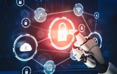 MLP 3D yorumlama fütüristik robot teknolojisi geliştirme, yapay zeka yapay zeka ve makine öğrenme kavramı. İnsan hayatının geleceği için küresel robot biyonik bilim araştırması.