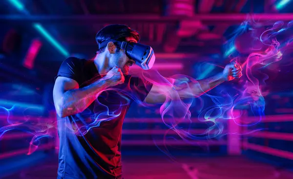 Man Wearing Glass Smashing Punching Camera Neon Boxing Arena Sport — Stock Photo, Image