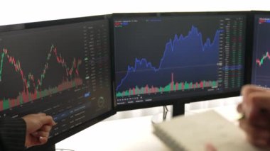 Menkul kıymetler borsasında yavaş hareket eden yatırımcılar, zarar için mum bar fiyatını analiz eden monitörlere bakarak hisse senedi pazarlamasını dikkate alıyor ve analiz ediyor. Filizlenen