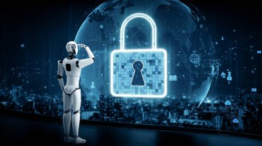 MLP 3d illüstrasyon yapay zeka robot robotu çevrimiçi sunucuda veri depolamak için bulut hesaplama teknolojisi kullanır. Makine öğrenme süreciyle analiz edilen gelecekteki bulut bilgi depolama kavramı. 3B görüntüleme