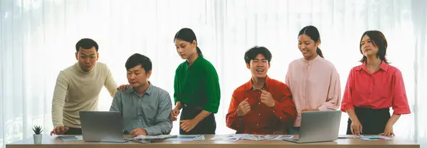 Happy Young Creative Business Team Celebrate Success Together Meeting Table — Stock Photo, Image