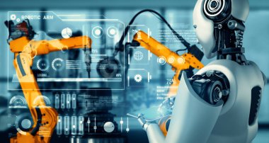 MLP Mekanize Endüstri Robotu ve robot silahları fabrika üretiminde kullanılacak. Sanayi devrimi ve otomasyon üretim süreci için yapay zeka kavramı.