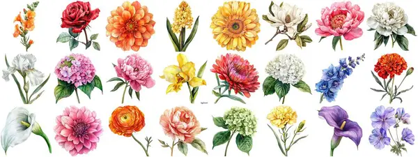 Akwarela Kwiat Zestaw Pojedyncze Tło Różne Kwiaty Kolekcja Przyrody Kwitnący — Zdjęcie stockowe