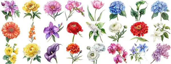 Акварельний Квітковий Набір Ізольований Фон Різні Квіткові Колекції Природи Квітучі Стокове Фото