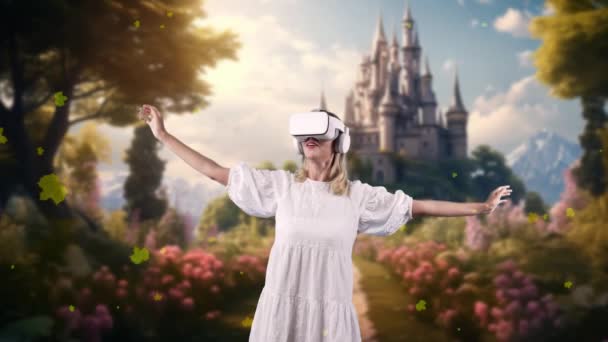 Smiling Woman Looking Surround Wonderful Fairytale Maple Falling Castle Meta — Stock Video