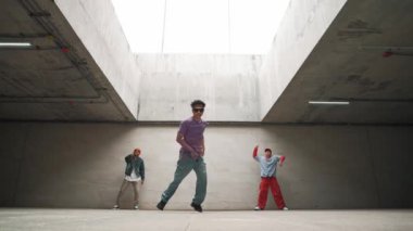 Bir grup havalı hipster birlikte dans ediyorlar. Mutlu break dansçılar, çok kültürlü arkadaşlarıyla dans ederek hip hop müziğinin keyfini çıkarırlar. Açık hava sporu 2024. Yumuşak bir şekilde..