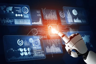MLP 3D Rending futuristik robot teknolojisi geliştirme, yapay zeka yapay zeka ve makine öğrenme konsepti. İnsan hayatının geleceği için küresel robot biyonik bilim araştırması.