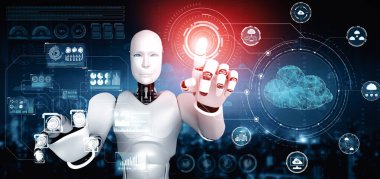 MLP 3d illüstrasyon yapay zeka robotu bulut hesaplama teknolojisini kullanarak çevrimiçi sunucuda veri depoluyor. Makine öğrenme süreciyle analiz edilen gelecekteki bulut bilgi depolama kavramı. 3B görüntüleme
