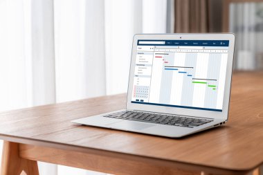 Ekip projesinin zaman çizelgesini gösteren bilgisayar ekranında, modern iş projesi yönetimi için proje planlama yazılımı