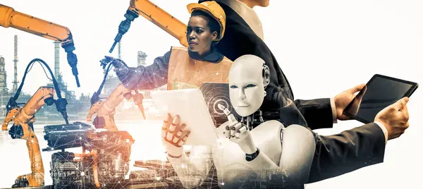 Mlpは将来の工場で協力する産業ロボットおよび人間の労働者を機械化しました 産業革命とオートメーション製造プロセスのための人工知能の概念 — ストック写真