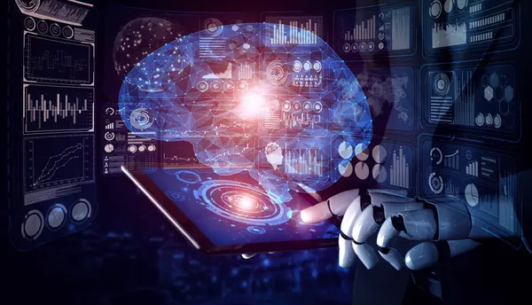 Mlp 3Dレンダリング ロボットの人工知能Ai研究とサイボーグの未来の人々のための開発 コンピュータ脳のためのデジタルデータマイニングと機械学習技術設計 — ストック写真