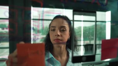 Genç İspanyol çalışanlar renkli yapışkan notlar yazıyorlar. Akıllı iş kadını pazarlama fikrini, beyin fırtınası stratejisini, iş planını paylaşıyor. Proje yöneticisi zihin haritası çiziyor. - Yakın çekim. Yönlendirici.