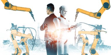 MLP Mekanize Endüstri Robotu ve insan işçileri gelecekteki fabrikada birlikte çalışıyorlar. Sanayi devrimi ve otomasyon üretim süreci için yapay zeka kavramı.