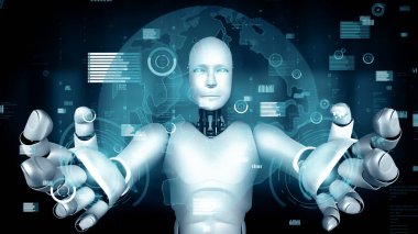 MLP 3d illüstrasyon Gelecek Finansal Teknoloji Kontrolü AI robot insansı makine öğrenimi ve yapay zeka kullanarak iş verilerini analiz ediyor ve yatırım ve ticaret hakkında tavsiyelerde bulunuyor