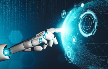 MLP 3D yorumlama fütüristik robot teknolojisi geliştirme, yapay zeka yapay zeka ve makine öğrenme kavramı. İnsan hayatının geleceği için küresel robot biyonik bilim araştırması.